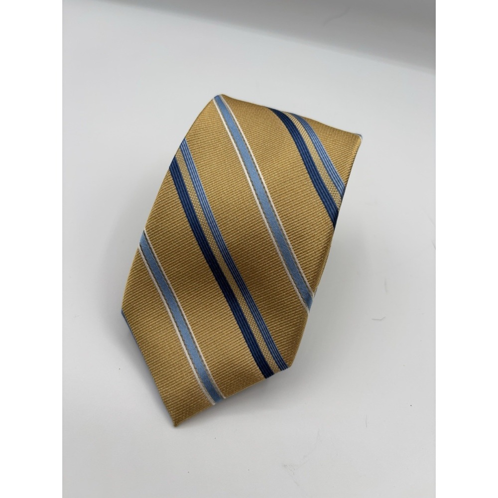 Pronto Uomo Platinum Yellow Gold Blue Striped Silk Tie Luxury 3" NWT‎